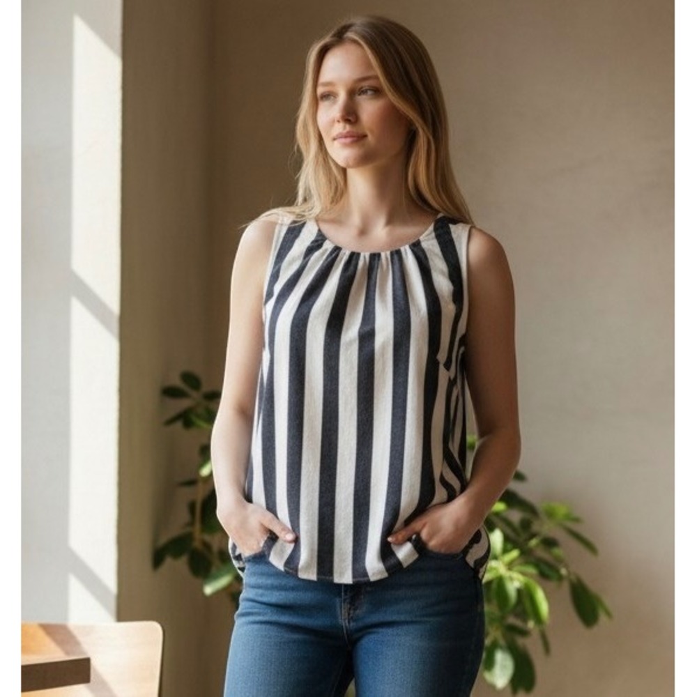 ON 34TH Womens Navy Blue White Striped Linen Blend Sleeveless Blouse Top Large